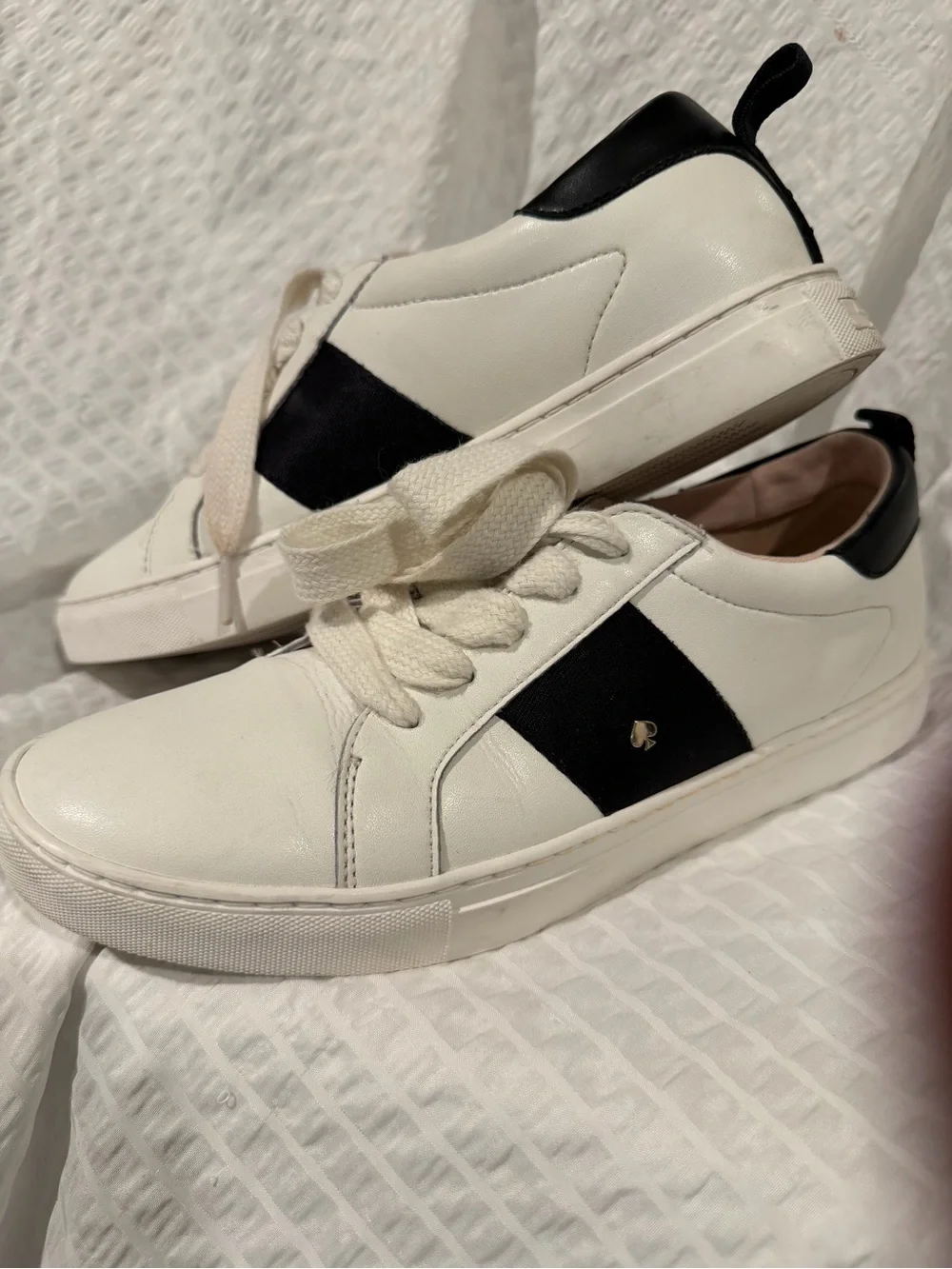 kate spade White Leather Sneakers with Black Stripe and Pink Lining